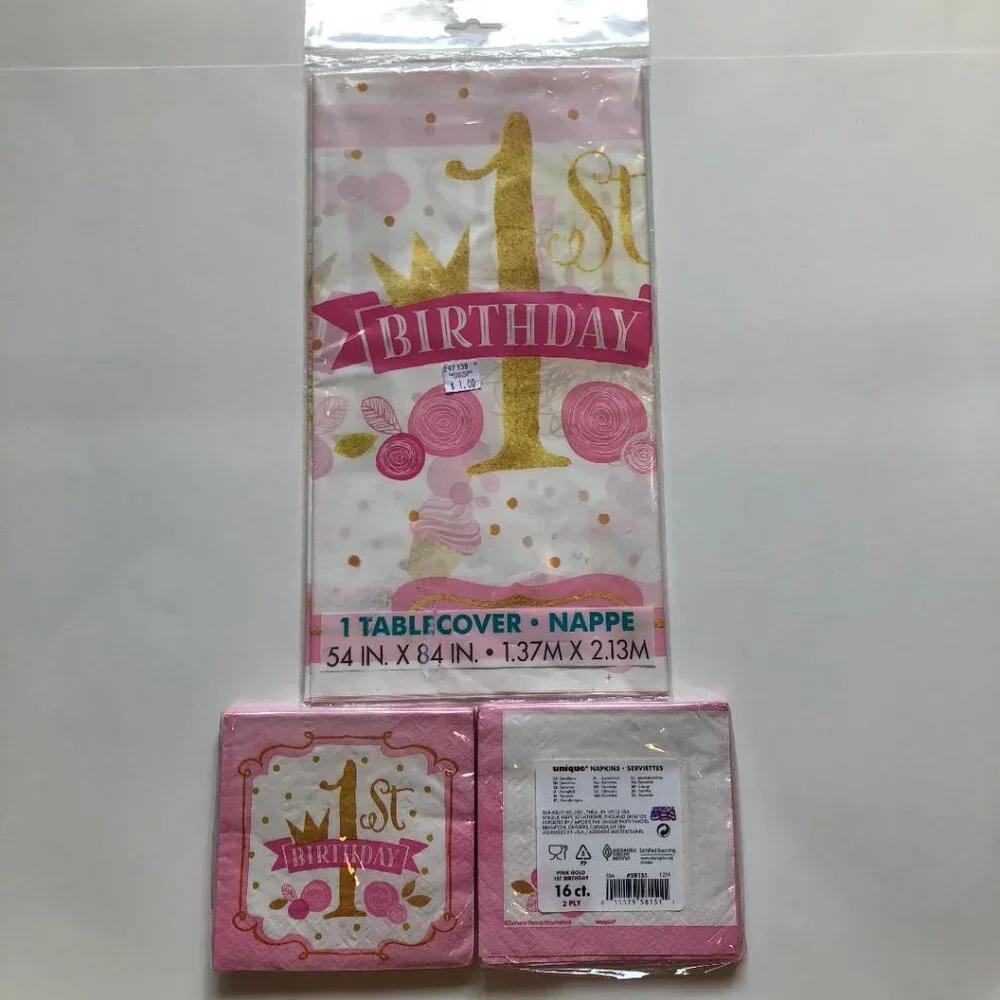 First Birthday Party Bundle, Color: Pink , White & Gold, disposable tableware